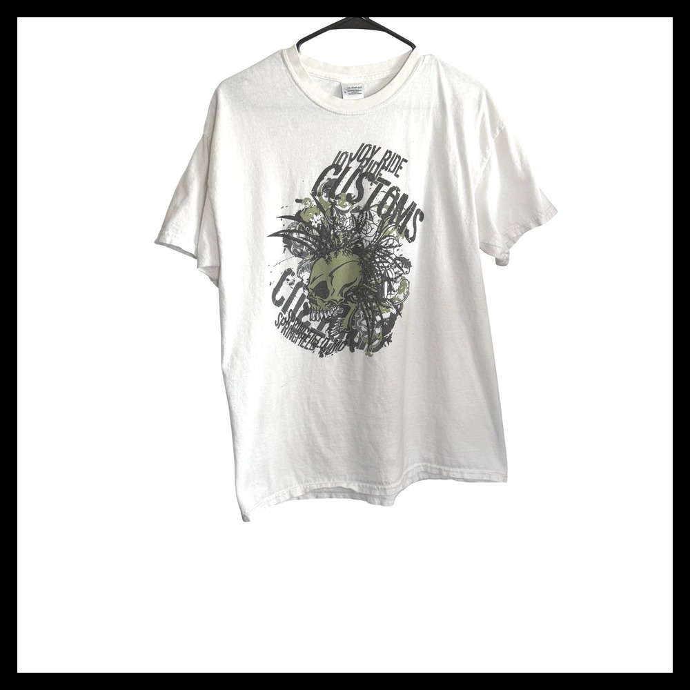 Gildan Joy Ride Customs Springfield Ohio Skull Graphic T-Shirt Mens Large White